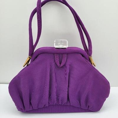1950's Purple Satin Handbag Clear Lucite Clasp