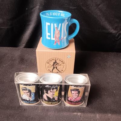COLLECTIBLE ELVIS COFFEE MUG AND 3 ELVIS TINS W/COFFEE