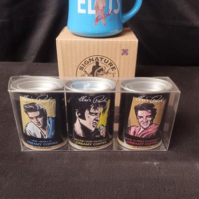 COLLECTIBLE ELVIS COFFEE MUG AND 3 ELVIS TINS W/COFFEE