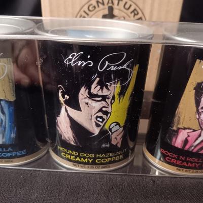 COLLECTIBLE ELVIS COFFEE MUG AND 3 ELVIS TINS W/COFFEE