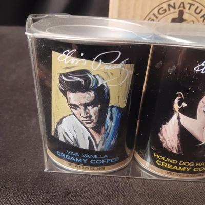 COLLECTIBLE ELVIS COFFEE MUG AND 3 ELVIS TINS W/COFFEE