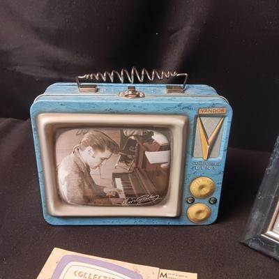 COLLECTIBLE ELVIS TIN TOTE AND A FRAMED PHOTO