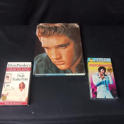 "ELVIS" COFFEE TABLE BOOK AND 2 VHS TAPES