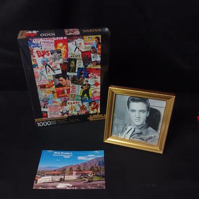 SEALED ELVIS JIGSAW PUZZLE, FRAMED PHOTO & POSTCARD