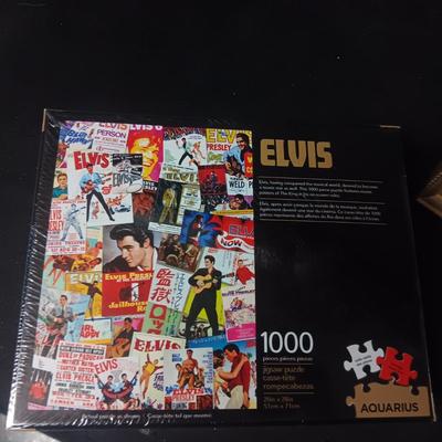 SEALED ELVIS JIGSAW PUZZLE, FRAMED PHOTO & POSTCARD