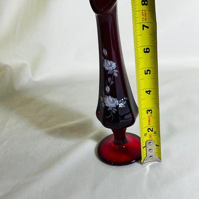 Vintage Ruby Red Fenton Hand Painted Rose Florals Bud Vase Signed