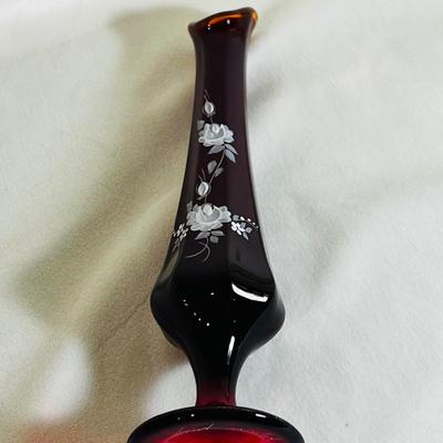 Vintage Ruby Red Fenton Hand Painted Rose Florals Bud Vase Signed