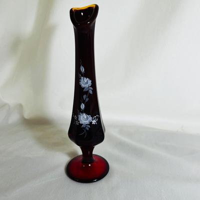 Vintage Ruby Red Fenton Hand Painted Rose Florals Bud Vase Signed