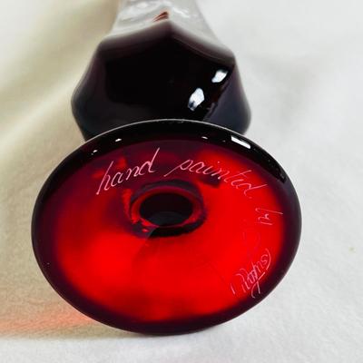 Vintage Ruby Red Fenton Hand Painted Rose Florals Bud Vase Signed