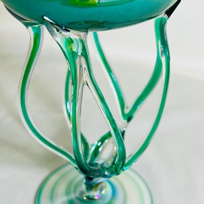 Jozefina Krosno Green Iridescent Oil Lamp Art Glass Jellyfish Sculpture Vintage