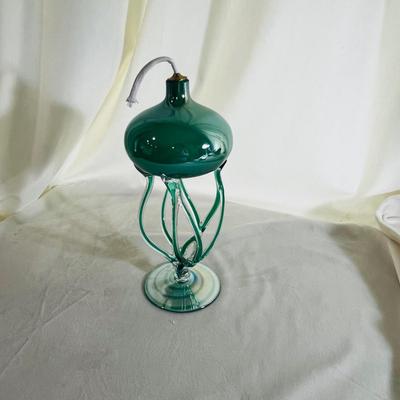 Jozefina Krosno Green Iridescent Oil Lamp Art Glass Jellyfish Sculpture Vintage