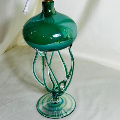Jozefina Krosno Green Iridescent Oil Lamp Art Glass Jellyfish Sculpture Vintage