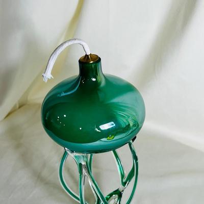 Jozefina Krosno Green Iridescent Oil Lamp Art Glass Jellyfish Sculpture Vintage