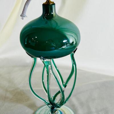 Jozefina Krosno Green Iridescent Oil Lamp Art Glass Jellyfish Sculpture Vintage
