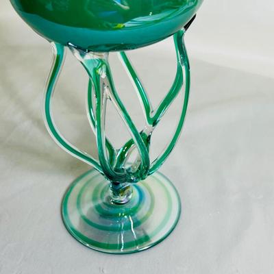 Jozefina Krosno Green Iridescent Oil Lamp Art Glass Jellyfish Sculpture Vintage