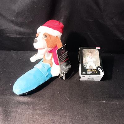MUSICAL PLUSH DOG "BLUE SUEDE SHOES" AND AN ORNAMENT