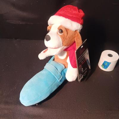 MUSICAL PLUSH DOG "BLUE SUEDE SHOES" AND AN ORNAMENT