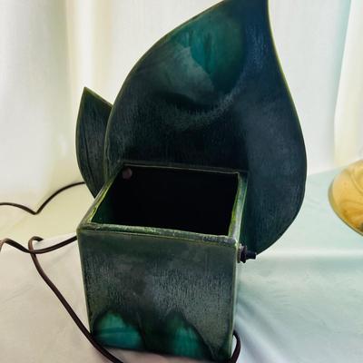 Underwriters Laboratories Inc. Portable Lamp Hand Made Pottery Green Exotic Leaves