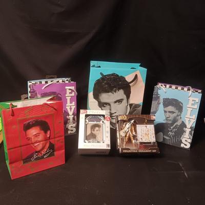 2 ELVIS ORNAMENTS AND GIFT BAGS