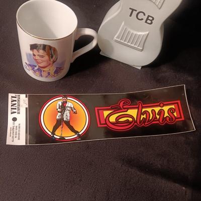 ELVIS GLASS GUITAR VASE, COFFEE MUG AND BUMPER STICKER