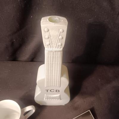 ELVIS GLASS GUITAR VASE, COFFEE MUG AND BUMPER STICKER
