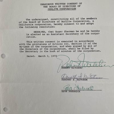 Robert Mitchum signed Dorlite Corporation Document