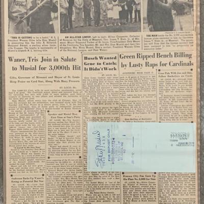 Stan Musial signed check with vintage newspaper