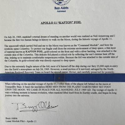 Apollo XI Kapton Foil fragment flown in space signed by Buzz Aldrin. GFA authenticated 