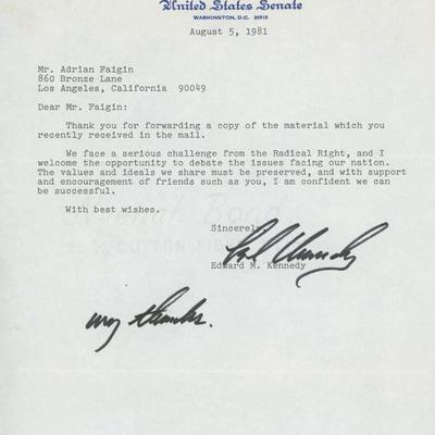 Edward M. Kennedy signed letter. GFA Authenticated