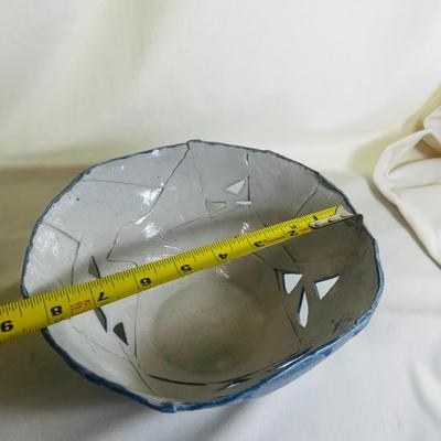 Art Deco Pottery Vase or Holder, Triangular Blue with Linear Carving, Handthrown Pottery