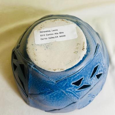 Art Deco Pottery Vase or Holder, Triangular Blue with Linear Carving, Handthrown Pottery