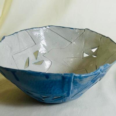 Art Deco Pottery Vase or Holder, Triangular Blue with Linear Carving, Handthrown Pottery