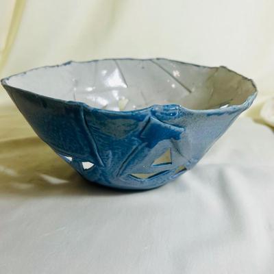 Art Deco Pottery Vase or Holder, Triangular Blue with Linear Carving, Handthrown Pottery