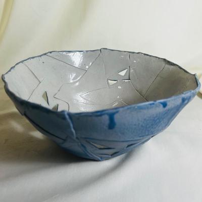 Art Deco Pottery Vase or Holder, Triangular Blue with Linear Carving, Handthrown Pottery