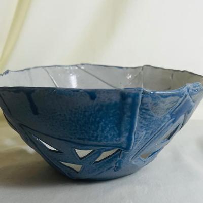 Art Deco Pottery Vase or Holder, Triangular Blue with Linear Carving, Handthrown Pottery