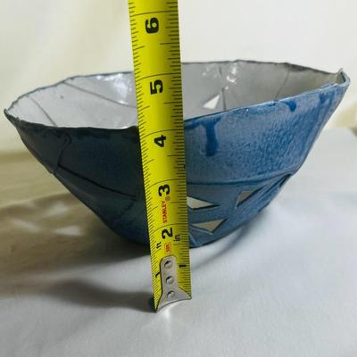 Art Deco Pottery Vase or Holder, Triangular Blue with Linear Carving, Handthrown Pottery