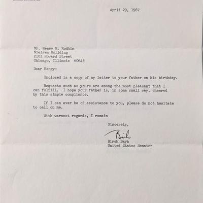 Senator Birch Bayh Signed Letter