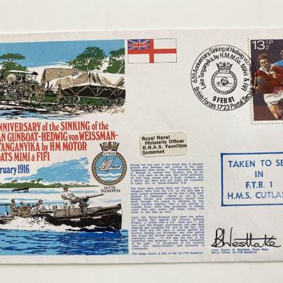 WWI Royal Navy 60th Anniversary Sinking of German Gunboat Hedwig Von Weissman Lieut. Cdr. B Westlake Signed Commemorative First Day Cover...