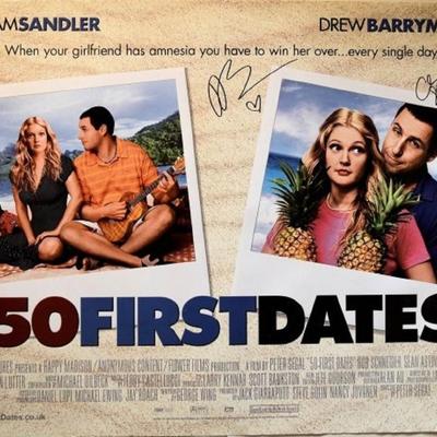 Adam Sandler and Drew Barrymore signed "Fifty First Dates" promo poster