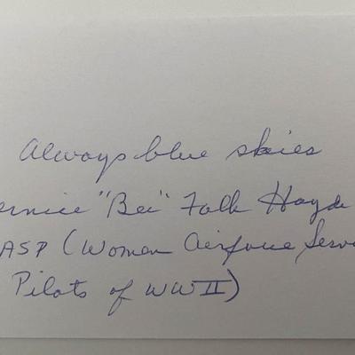 WWII Pilot (WASP) Bernice Bee Falk Haydu signed note