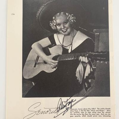Alice Faye signed magazine page