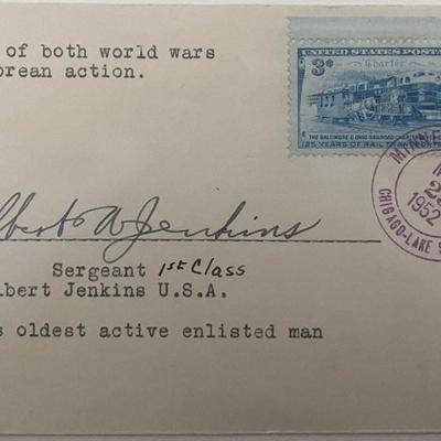 WWI, WWII and Korean War Veteran Sgt. Delbert Jenkins signed 1952 cover