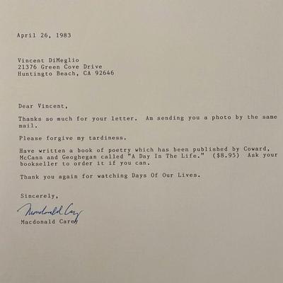 Macdonald Carey signed personal letter
