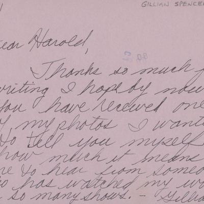 Gillian Spencer handwritten and signed post card