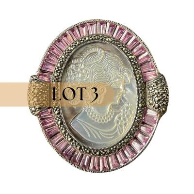 -3- FINE JEWELRY | Sterling Silver & Mother Of Pearl Cameo Pin/Pendant | Marked