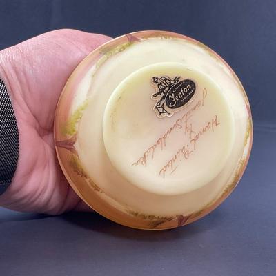 -13- FENTON | USA Burmese Hand Painted Rose Bowl | Sticker & Signed