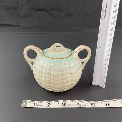 -15- BELLEEK | Blue Neptune Tray, Creamer, & Covered Sugar | Marked