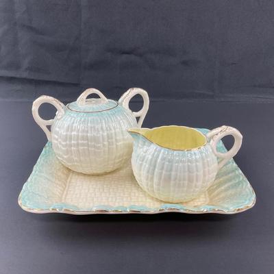 -15- BELLEEK | Blue Neptune Tray, Creamer, & Covered Sugar | Marked