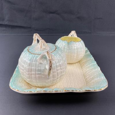 -15- BELLEEK | Blue Neptune Tray, Creamer, & Covered Sugar | Marked