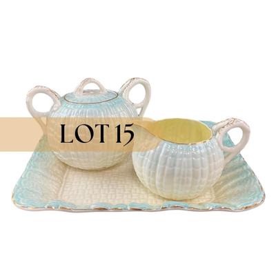 -15- BELLEEK | Blue Neptune Tray, Creamer, & Covered Sugar | Marked